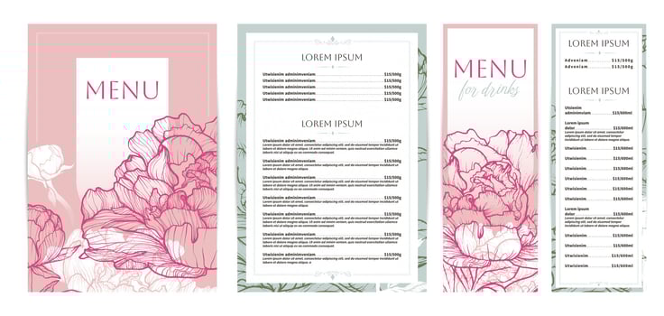 Elegant food and drinks menu designs. Restaurant menu template. Beautiful A4 format with high quality flowers for print and online usage. Saturated hand drawn line art peony illustrations. vector