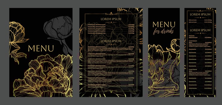 Luxurious food and drinks menu designs. Restaurant menu template. Elegant A4 format with high quality flowers for print and online usage. Golden hand drawn line art peony illustrations. vector