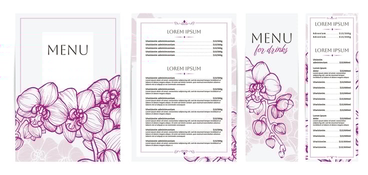 Elegant food and drinks menu designs. Restaurant menu template. Beautiful A4 format with high quality flowers for print and online usage. Saturated hand drawn line art orchid illustrations. vector
