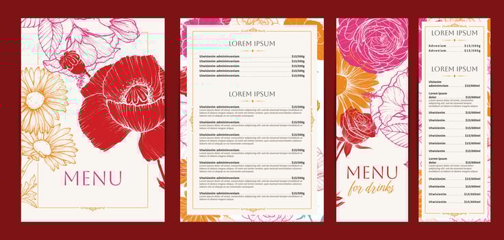 Elegant food and drinks menu designs. Restaurant menu template. Beautiful A4 format with high quality poppy, daisy, rose, hibiscus. Saturated hand drawn line art summer flowers illustrations. vector