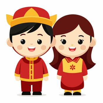 Adorable Cartoon Children in Traditional Chinese New Year Outfits vector