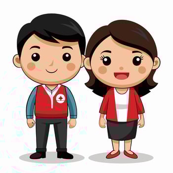 Adorable Cartoon Couple in Red Uniforms. A Sweet Illustration vector
