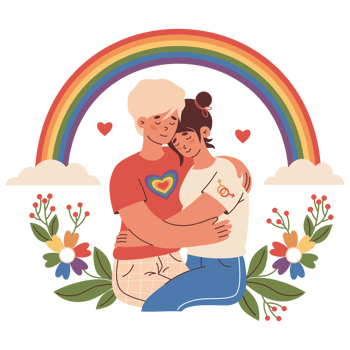 Happy lesbian couple under rainbow. Pride Month png