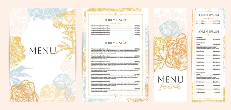 Colorful food and drinks menu designs. Restaurant menu template. Beautiful A4 format with high quality flowers for print and online usage. Pastel hand drawn line art peony illustrations. vector