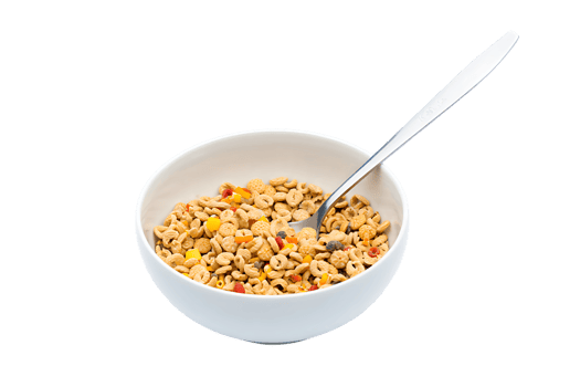 Breakfast Cereal Rings with Colorful Bits in a White Bowl with Spoon Ready to Eat png