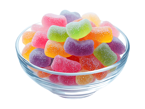Colorful Heart Shaped Gummy Candies Coated in Sugar Fill a Clear Glass Bowl a Sweet Treat png