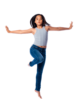 Young girl jumping energetically mid air with arms outstretched wearing jeans and tank top png