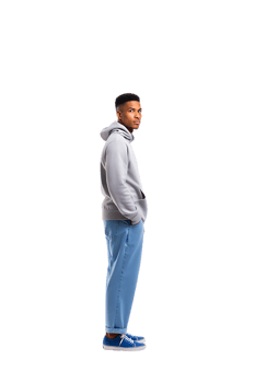 Stylish male model posing sideways wearing casual streetwear against a plain grey minimalist background png