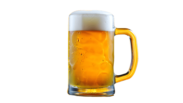 Large glass mug stein filled with cold golden beer and foam head isolated png