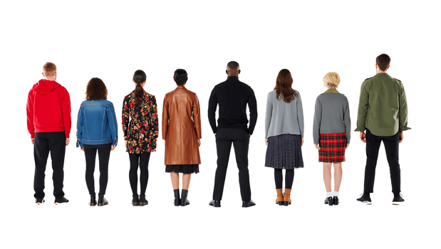 Diverse group of eight people standing in a line facing away from the camera png