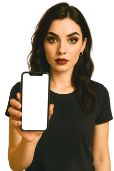Confident beautiful alternative young woman holding phone with blank screen, copy space area, female model, fashion and lifestyle, transparent background png