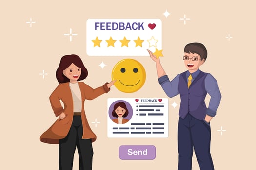Customer feedback reply concept illustrated with a happy person receiving a five-star rating and a positive message. vector