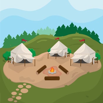 Camp tents and bonfire. vector