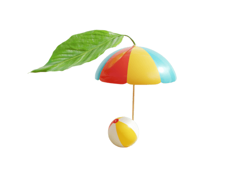 Bright beach umbrella with leaf and beach ball design element png