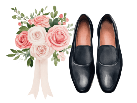 Elegant wedding shoes paired with a romantic bouquet of roses png