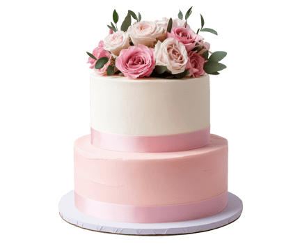 Elegant wedding cake adorned with pink roses and green leaves png
