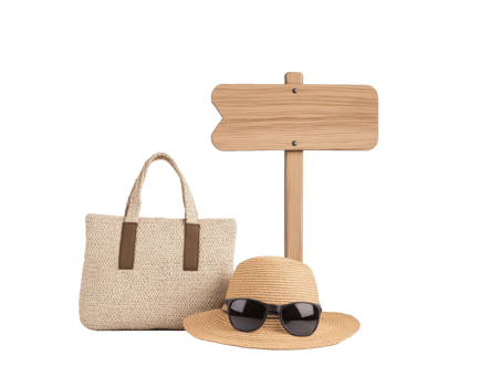 Summer vacation essentials with beach hat and tote bag png