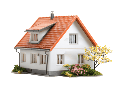 Model house with vibrant flowers and greenery in springtime setting png