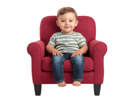 Child sitting on a red armchair with a cheerful smile indoors png