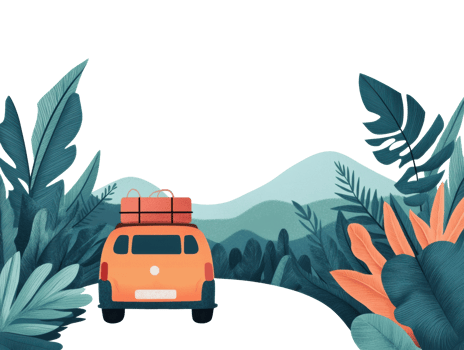 Road trip adventure through vibrant tropical landscapes with luggage png
