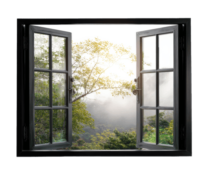 Fresh morning view from a window overlooking the lush green landscape png