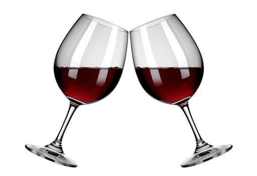 Two wine glasses toasting with red wine, reflecting light, celebrating moment. png