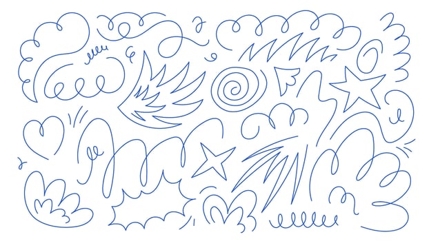 Set of hand drawn doodles in blue color. scribbles wings, wavy lines and zigzags. Elements for design vector