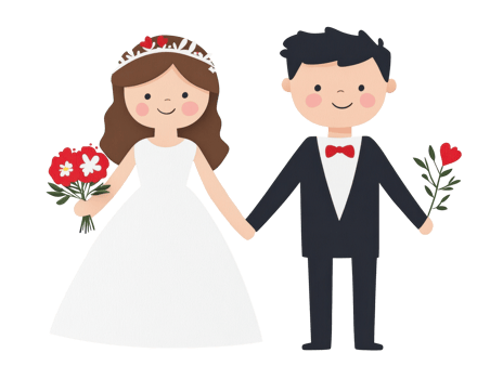 Cute couple in wedding attire holding hands and flowers png