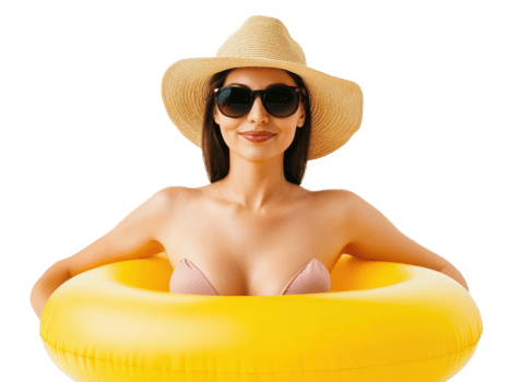 Relaxing summer woman in pool with yellow float and hat png