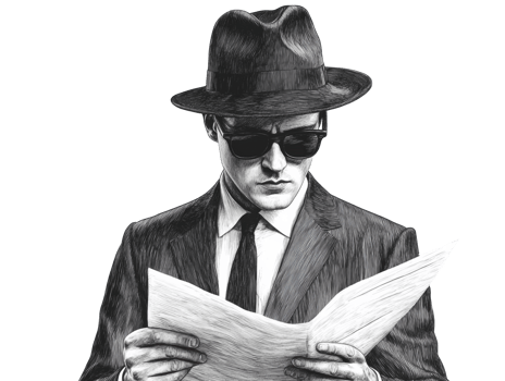 Man in classic suit, hat, and sunglasses reading newspaper png