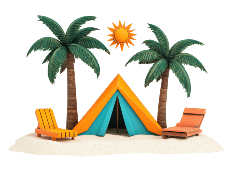 Vibrant summer beach tent with palm trees and sun for vacation design png
