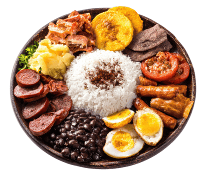 Traditional Caribbean feast featuring rice, meats, and plantains png
