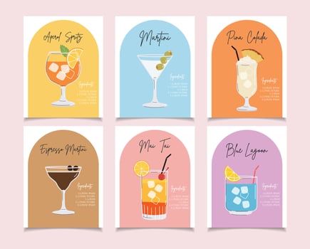 Summer cocktails posters cartoon flat. Alcoholic drink recipe concept wall art. Trendy prints vector