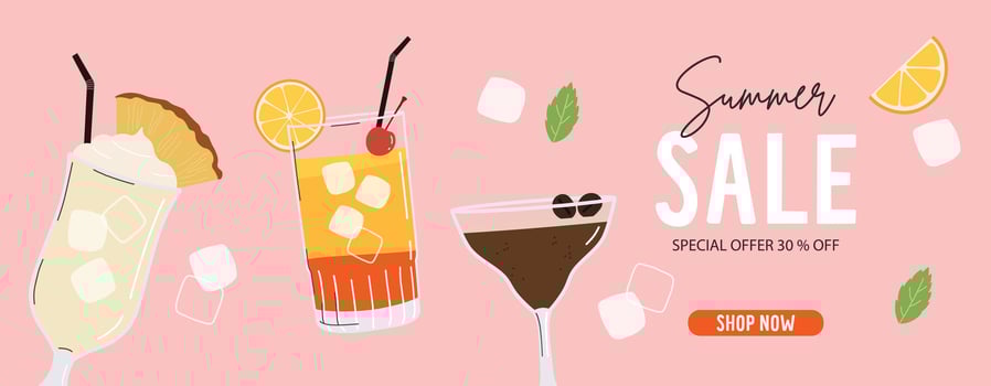 Summer Sale abstract background. Season banner with cocktails and citrus fruits Illustration vector