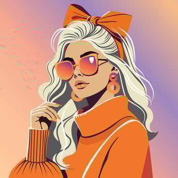 Trendy fashion woman with white hair and orange outfit, wearing oversized sunglasses and bow headband on pastel gradient background vector
