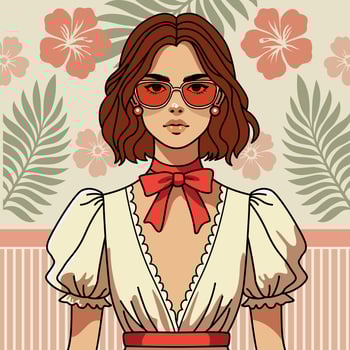 Stylish woman with red sunglasses and bow tie, standing in front of floral background with tropical leaves and hibiscus flowers vector