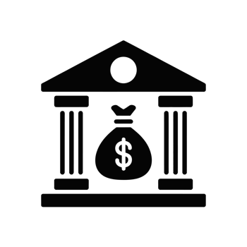 A black icon depicts a bank building with columns and a money bag with a dollar sign in the center. cutouts png