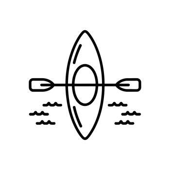 A simple black line drawing depicts a kayak with a paddle laid across it cutouts png