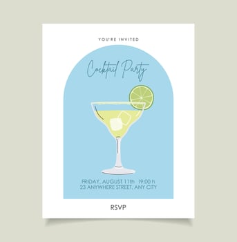 Summer cocktail party, event invitation. Alcoholic drink menu. Cartoon style illustration vector