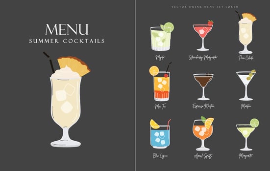 Summer restaurant cocktails menu. Black minimalist design. Season beverage illustration vector