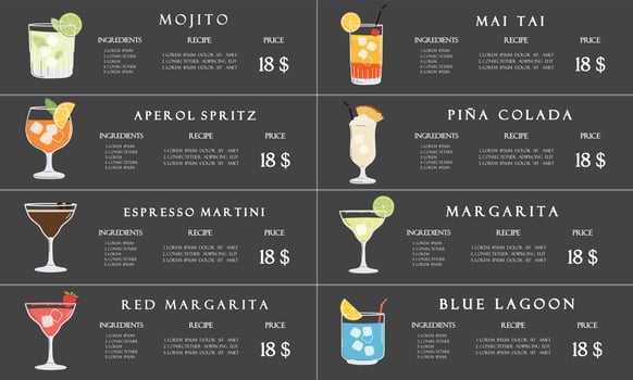 Summer restaurant cocktails menu. Black minimalist style. Season beverage illustration vector