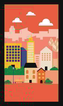 City poster layout with warm tones inspired by sunset featuring buildings and skyline in soft orange and yellow gradients creating a calm and atmospheric urban mood vector