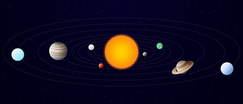 Beautiful Realistic Solar System Illustration. Mercury, Venus, Earth, Mars, Jupiter, Saturn, Uranus, and Neptune Planets Rotating Around the Sun vector