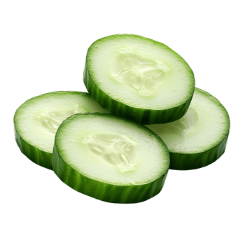 Four green cucumber slices are stacked together on transparent background png