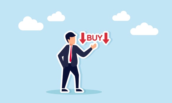 Businessman Showing BUY Text with Downward Red Arrow Illustration of Decreasing Purchasing Power vector