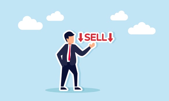 Businessman Showing SELL Text with Downward Red Arrow Illustration of Decreasing Purchasing Power vector