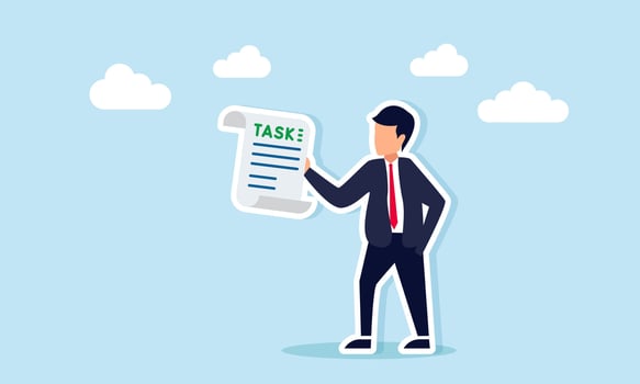 Businessman holding a task note illustration of learning procedures to complete business tasks vector