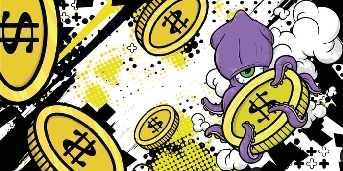 an octopus holding a bunch of coins on a black background vector