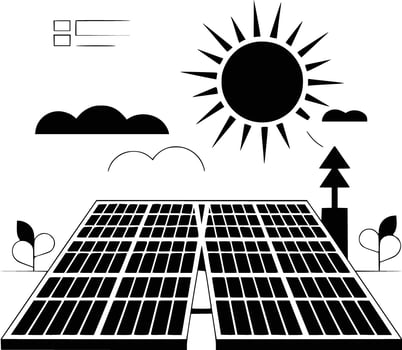 Black and white bold illustrations of a solar panel rooftop, isolated on white background. vector