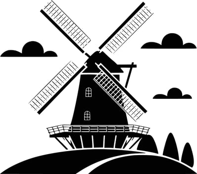Black and white bold illustrations of a windmill on hill, isolated on white background. vector